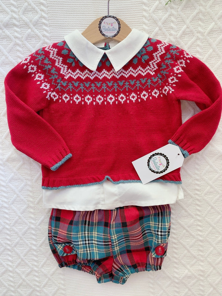 Conjunto navideño cuello blanco short y suerter rojo