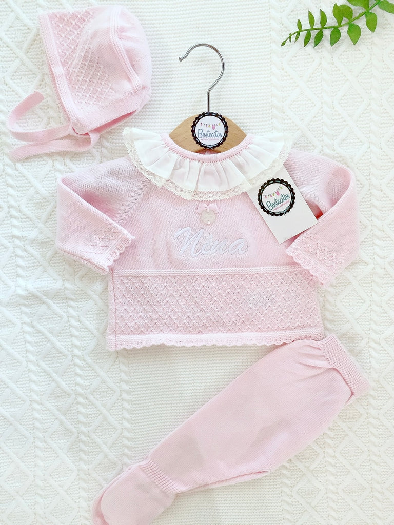 Tejido rosa bebé cuello Olán blanco (3 meses)