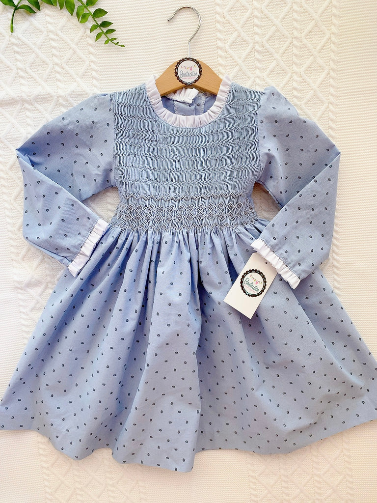 Vestido manga larga azul gris bordado a mano