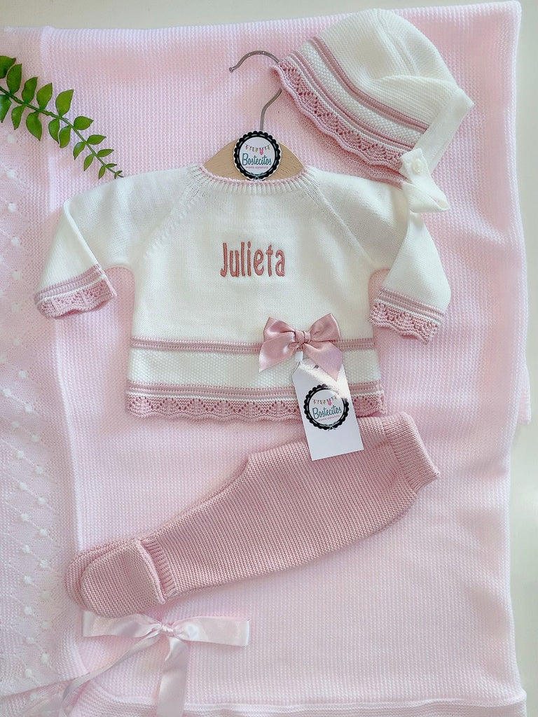 Conjunto tejido rosa palo con beige