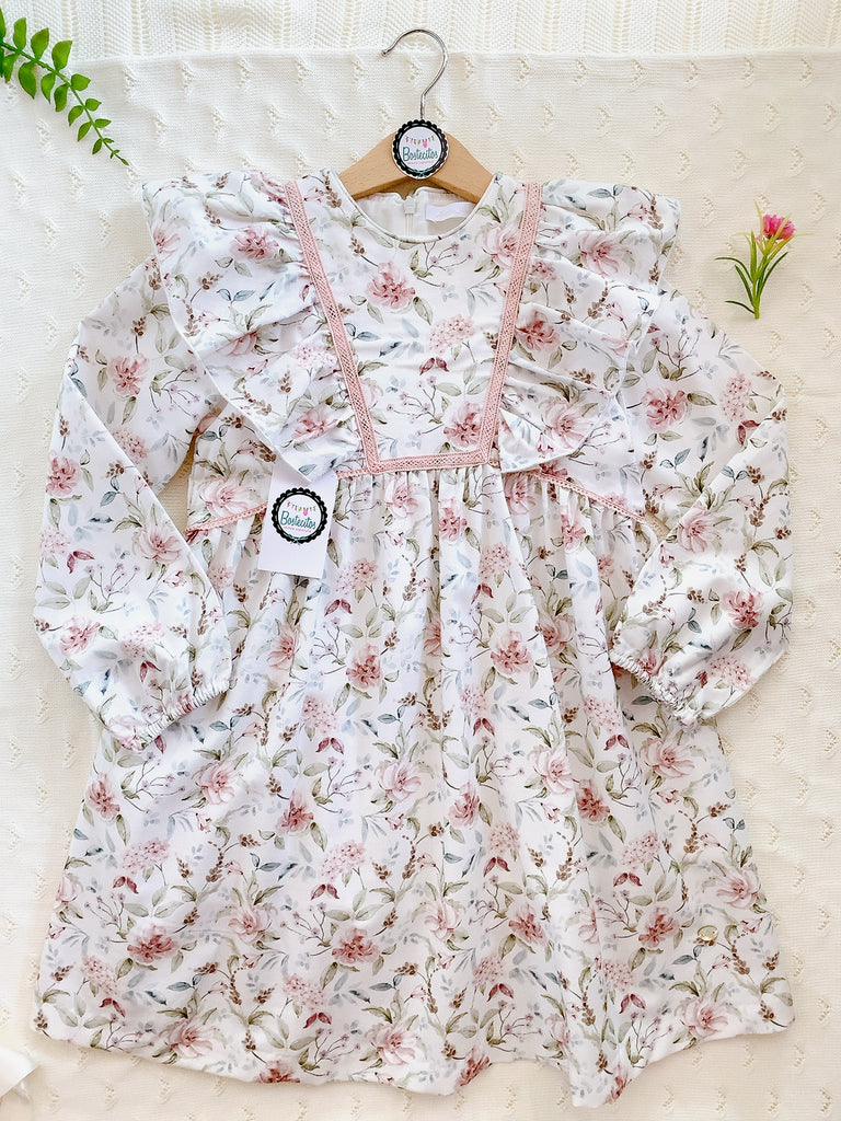 Vestido beige flores Rosa Palo con hojas verdes