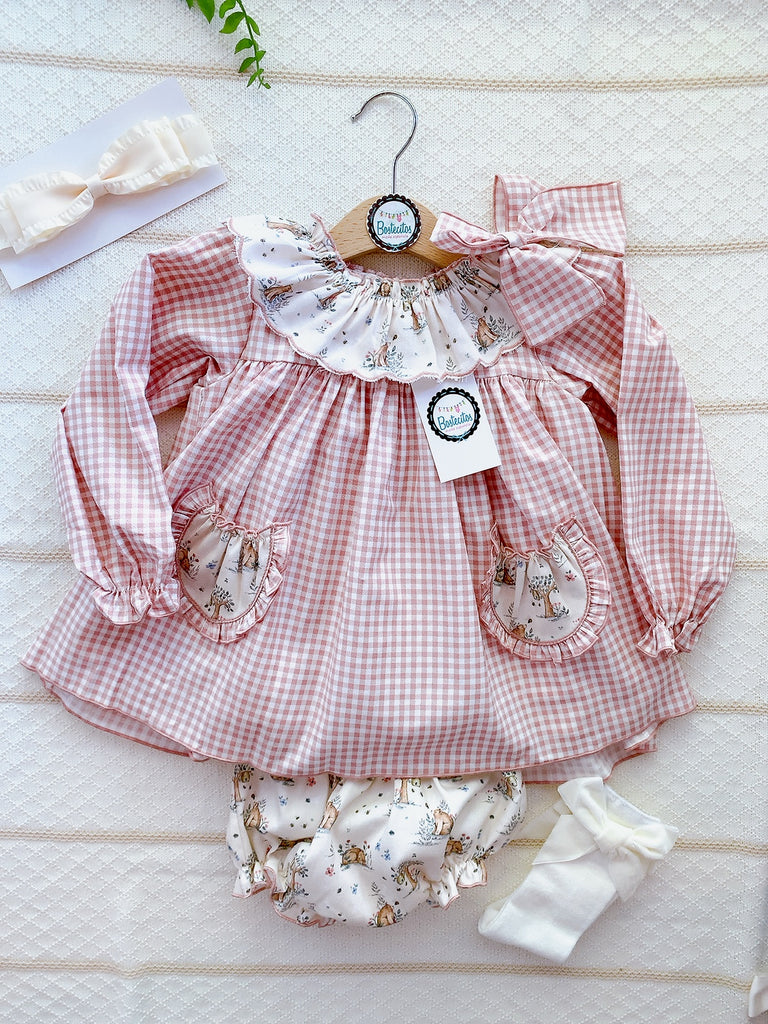 Vestido cuadros manga larga con estampado osos en cuello con calzón