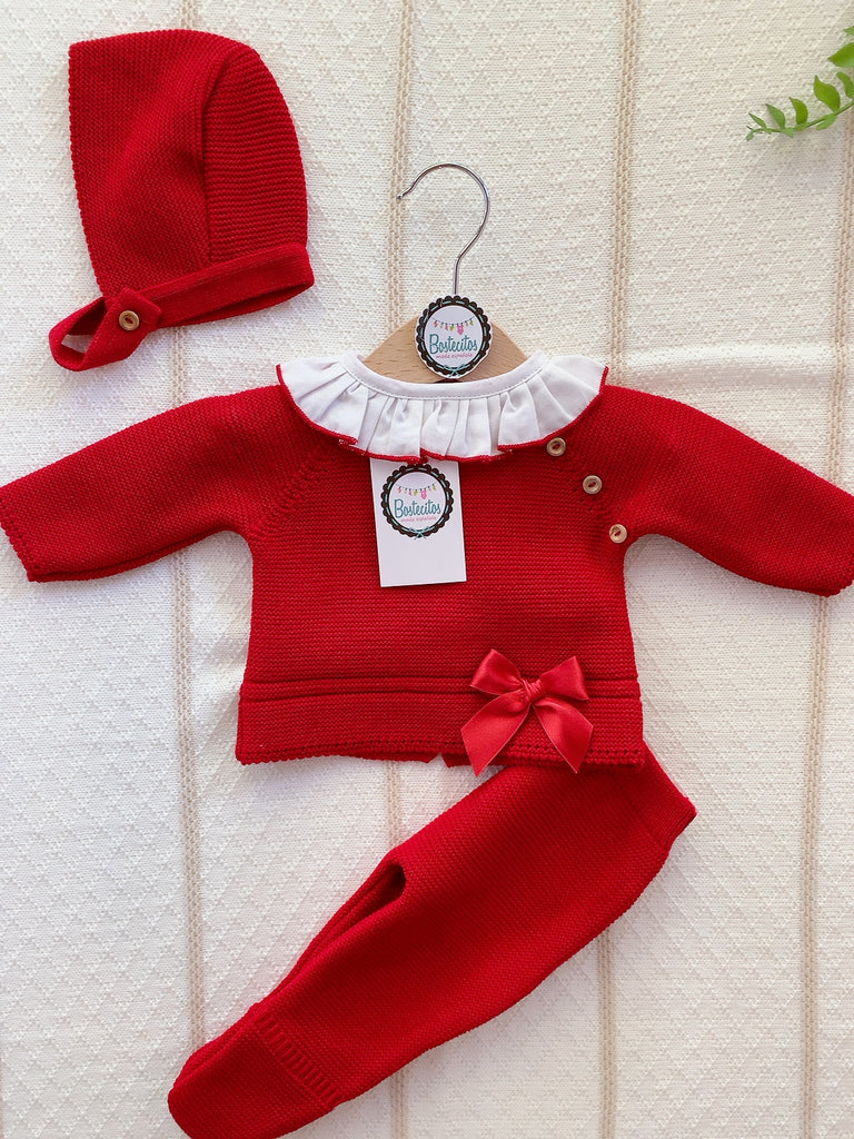 Tejido rojo cuello blanco 3 piezas (1 mes)