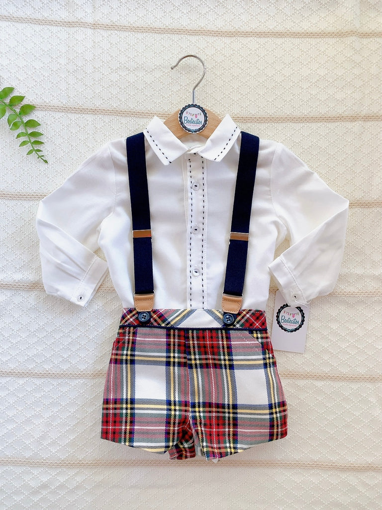 CONJUNTO CAMISA BLANCA CON SHORT TIRANTES CUADROS ROJO