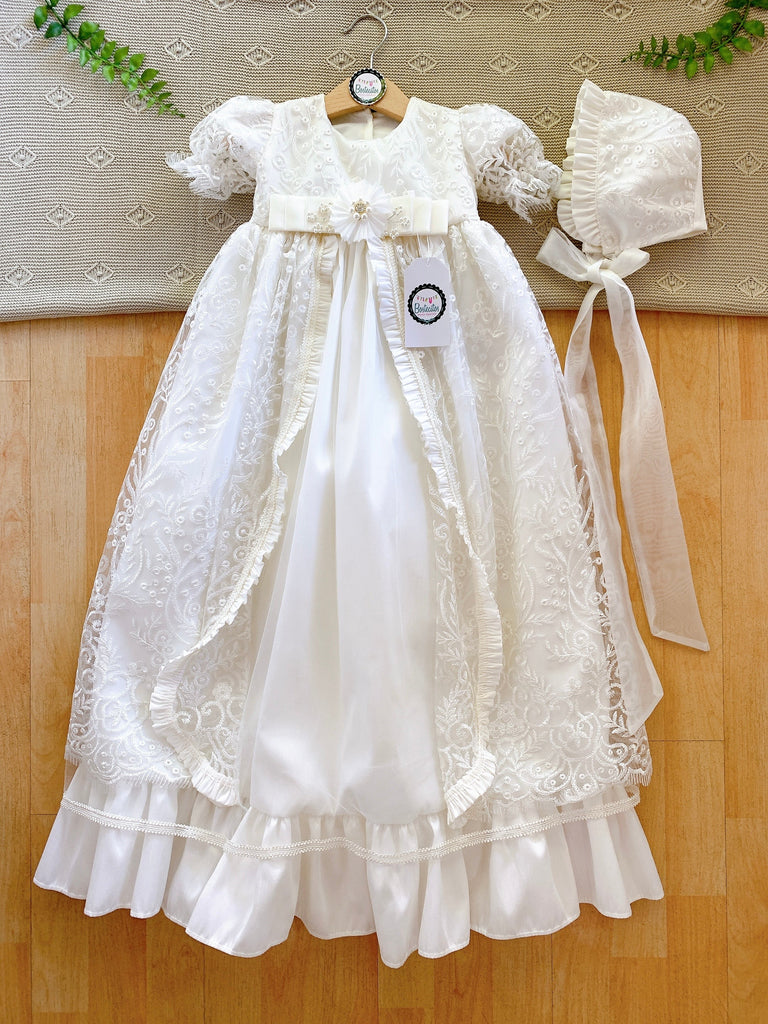 Ropon bautizo corte de princesa manga corta Niño y flor en medio color ivory 6-24 meses