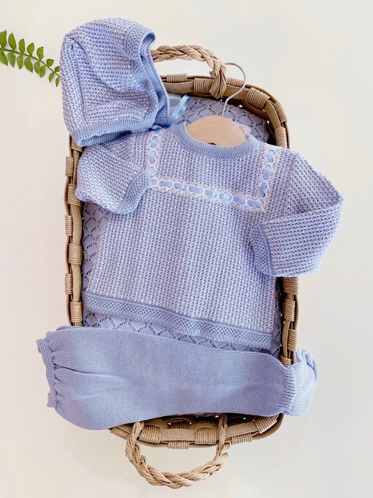 Conjunto 3 piezas tejido recogidas combinado cielo blanco (6 Meses)