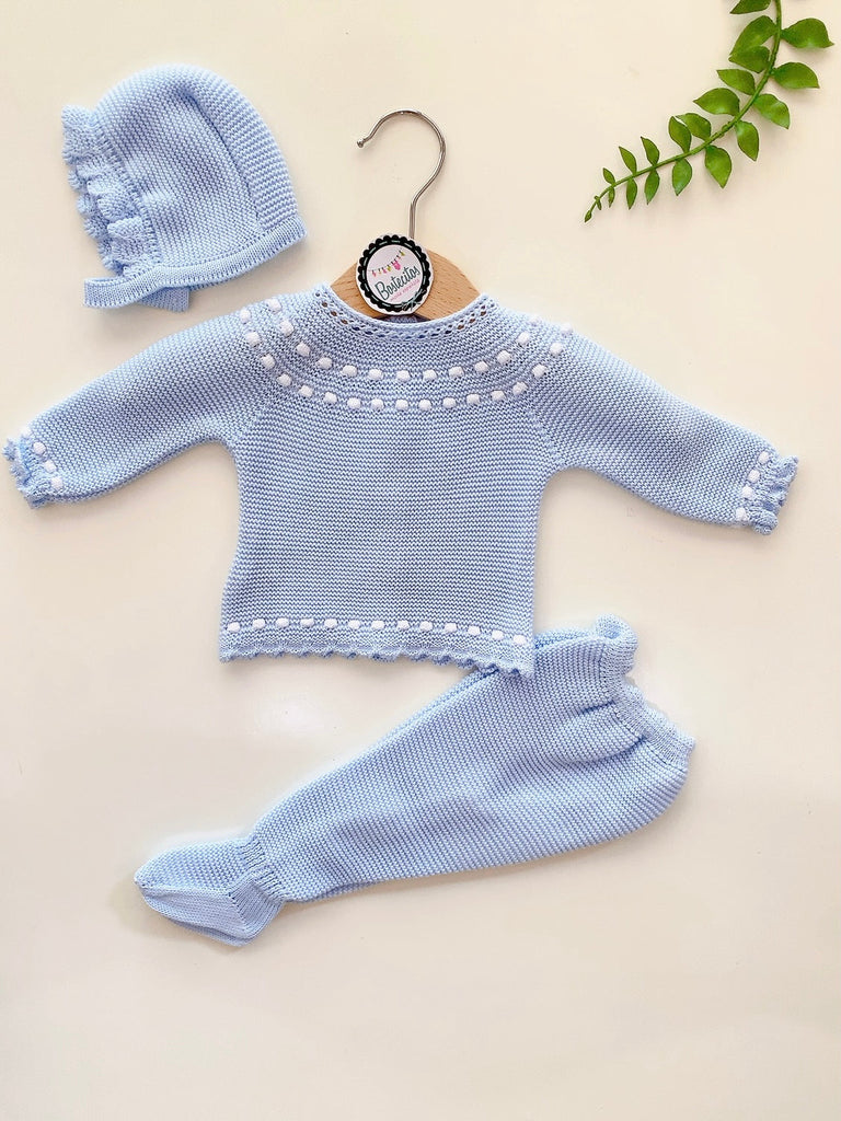 Conjunto tejido 3 piezas azul claro (1 mes)