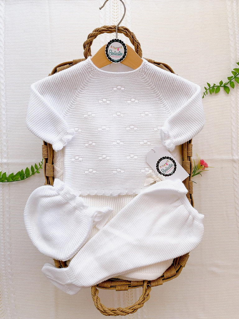 Tejido blanco bolitas blancas moño beige 3 piezas (1 mes)