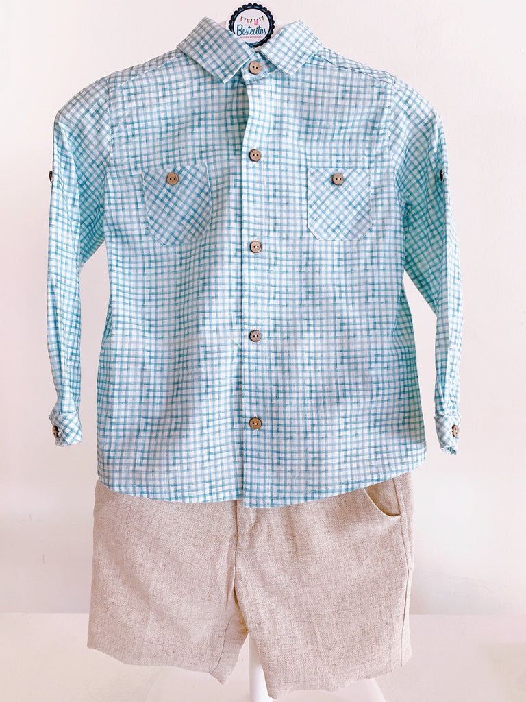 Conjunto camisa cuadros verde con short color caqui