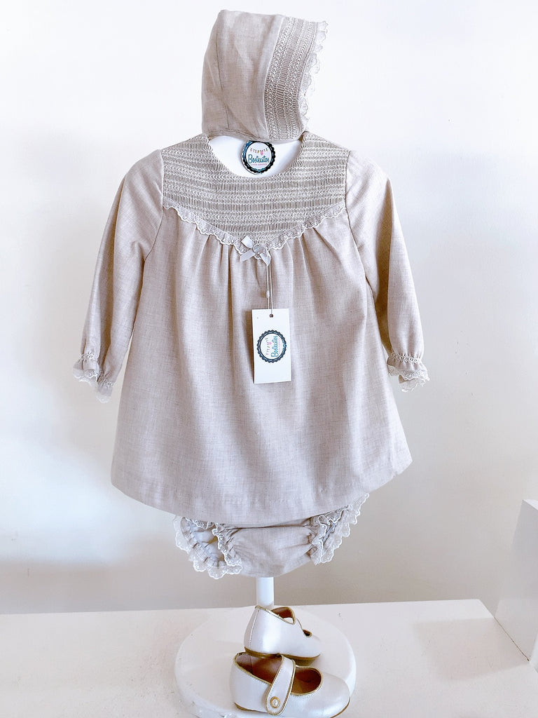 VESTIDO 3 PZS BEIGE CEREMONIA (24 meses)