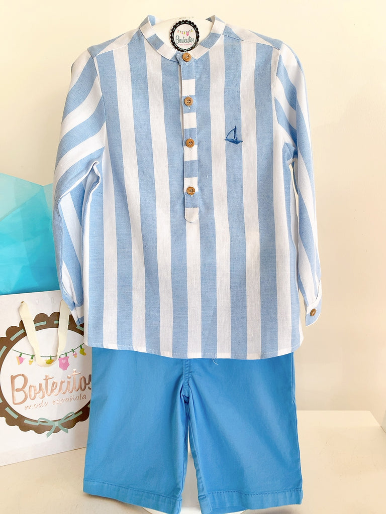 Conjunto camisa rayas azul con short azul