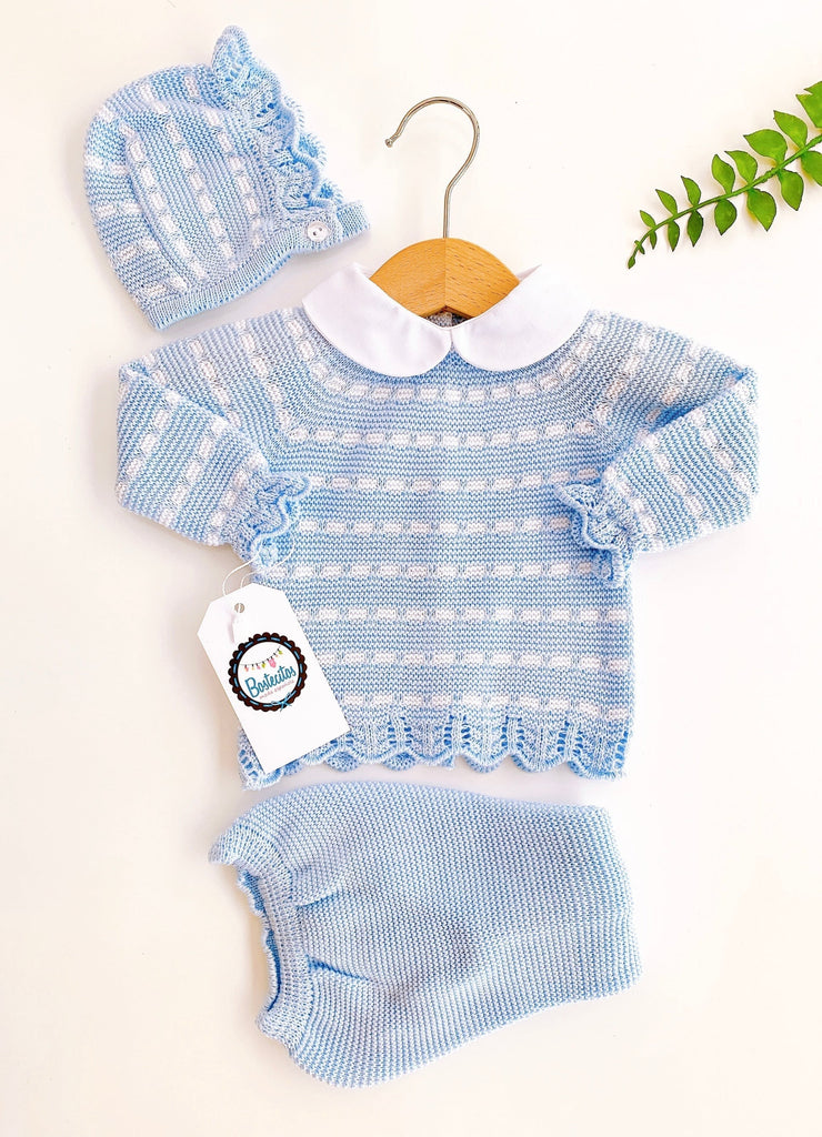 CONJUNTO TEJIDO AZUL CELESTE LINEAS BLANCAS 3P (6 meses)