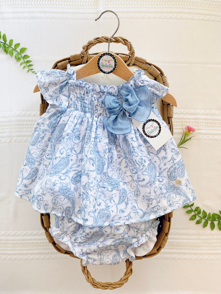 Conjunto español vestido corto con calzón estampado azulejo con moño azul