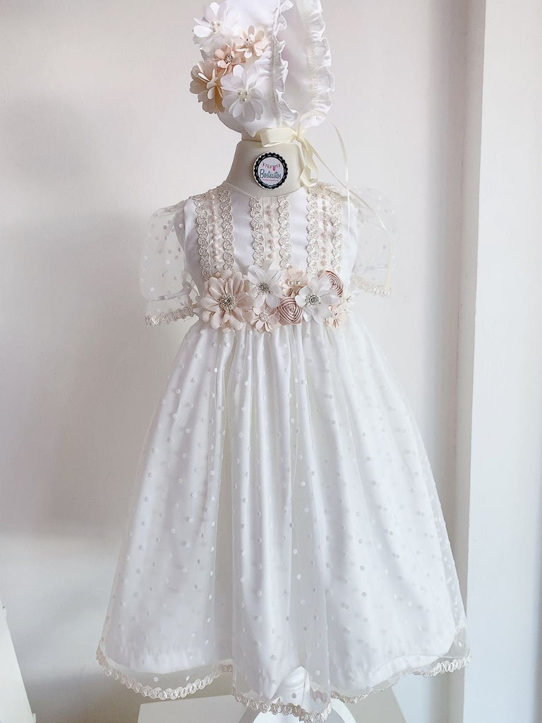 Vestido bautizo manga bombacha con gorro