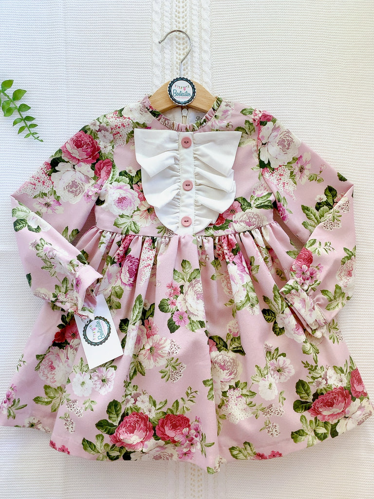 VESTIDO ROSA CON FLORES CUELLO BLANCO