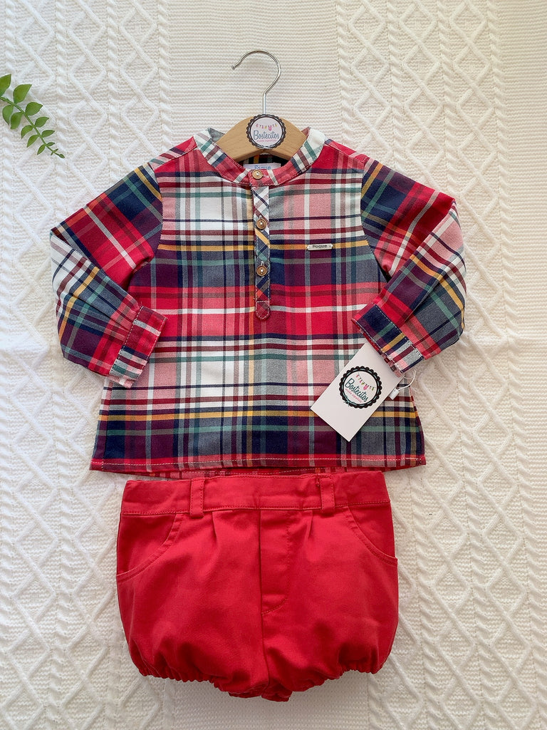 Conjunto camisa cuadros rojos con Azul marino