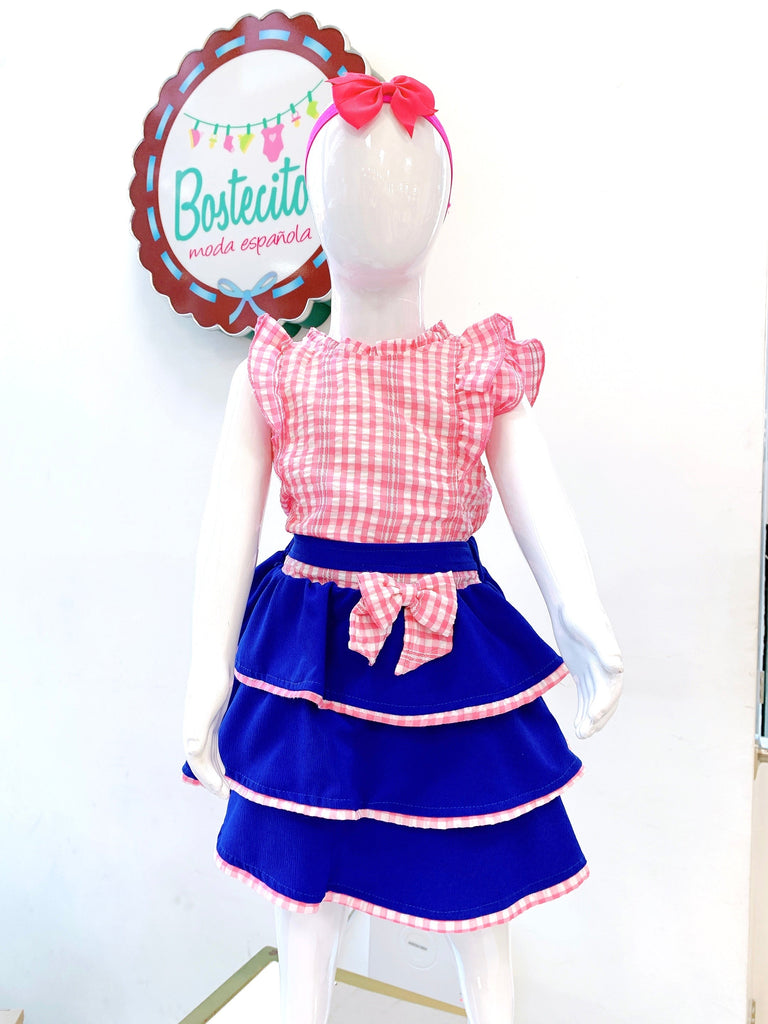 Conjunto falda azul marino con moño rosa cuadros y blusa rosa cuadros