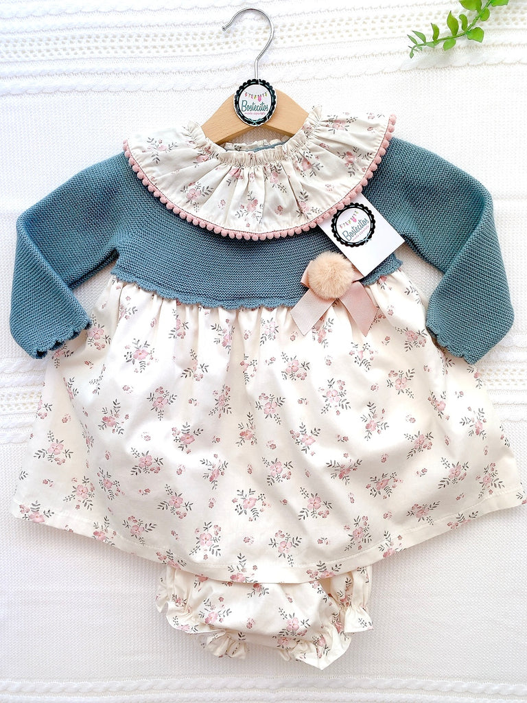 Vestido tejido verde con estampado flores cuello (24 meses)