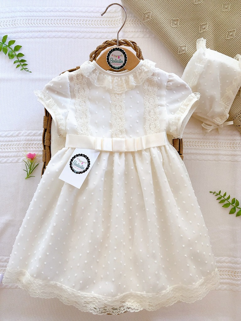 VESTIDO BEIGE PUNTOS CEREMONIA