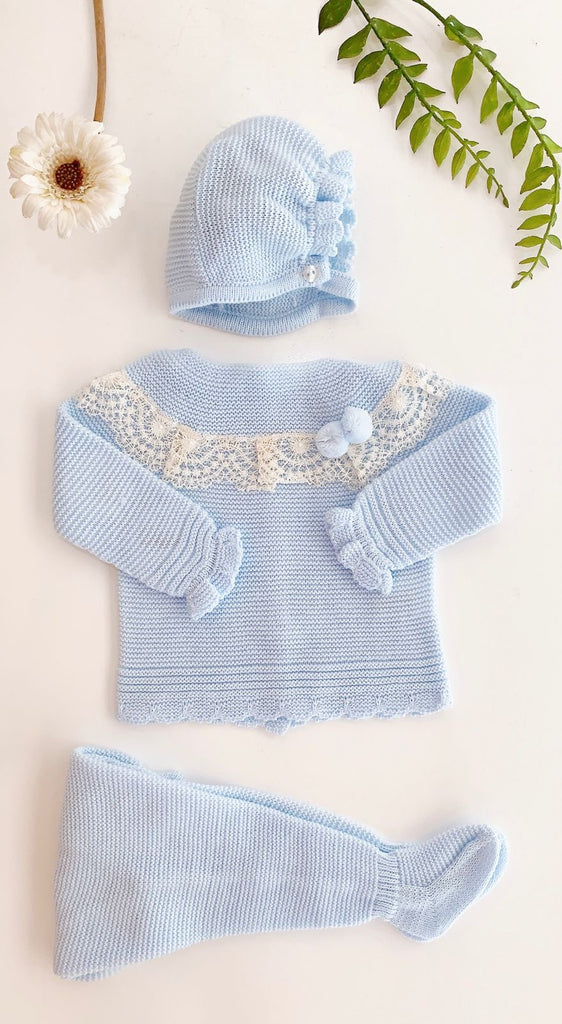 Conjunto 3 piezas polaina lin canesu puntilla azul celeste (3 meses)