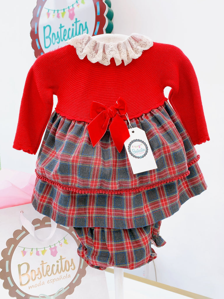 VESTIDO TEJIDO ROJO CUADROS CON CALZÓN (18 meses)