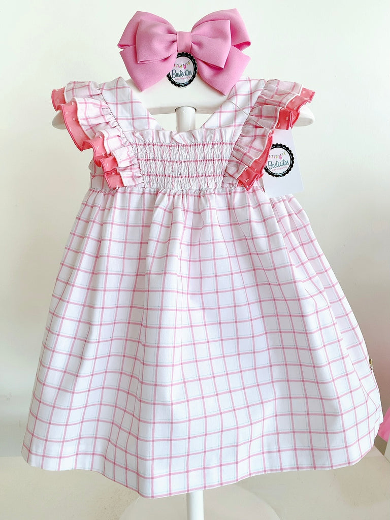 Vestido español cuadros rosa con blanco detalles Plumeti
