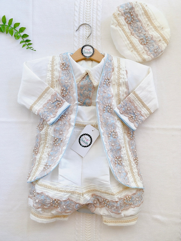 Conjunto príncipe bautizo blanco con detalles azules
