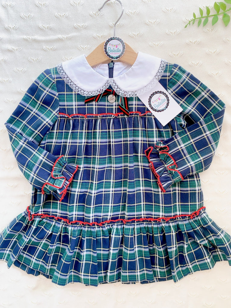 Vestido navideño cuadros verdes con cuello Blanco