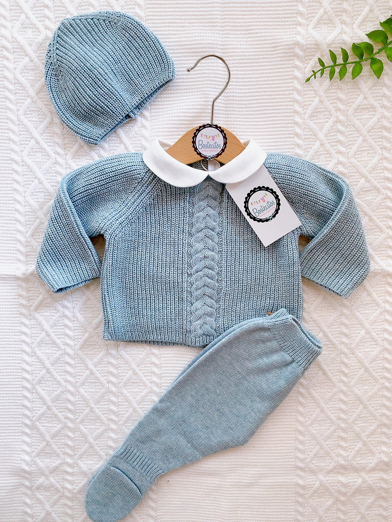 Tejido español azul gris trenzado en medio cuello blanco(1 mes)