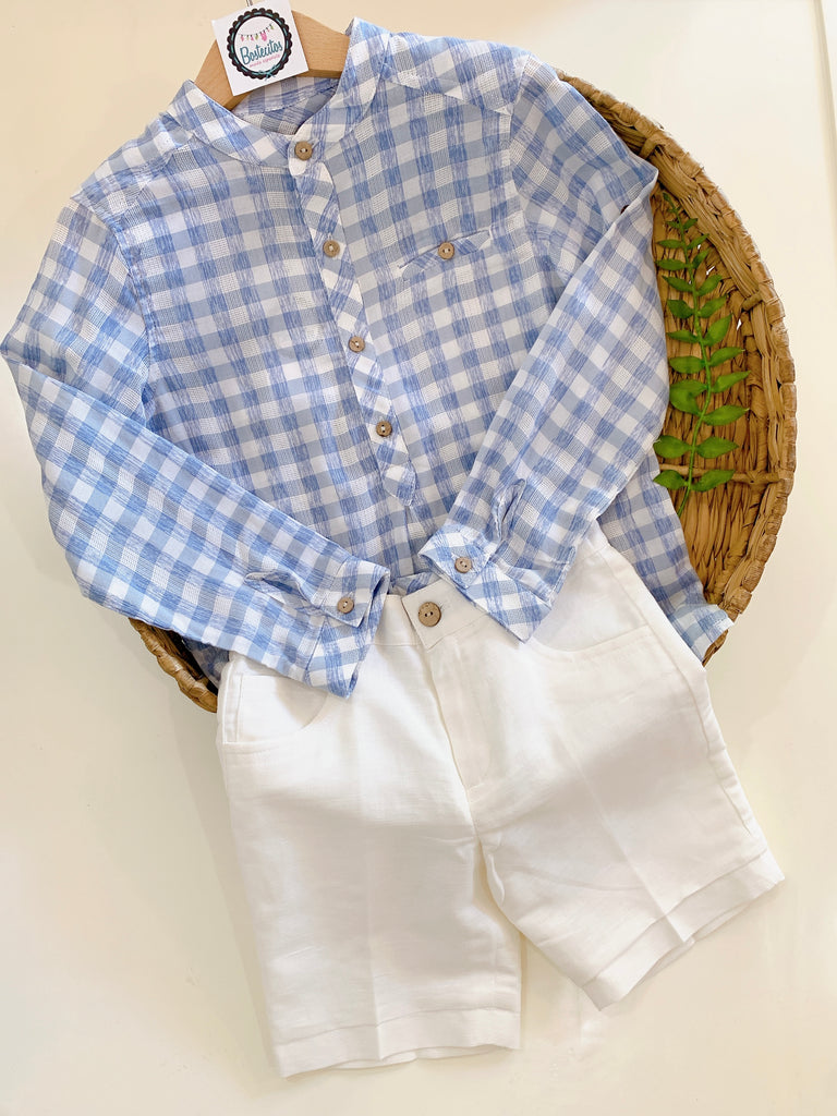 Conjunto camisa cuadros azul con blanco y short blanco
