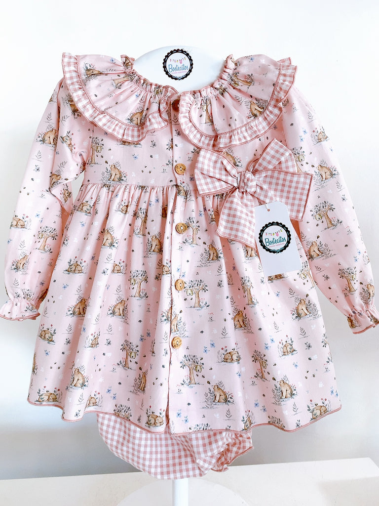 Vestido rosa estampado ositos con moño cuadros con calzón