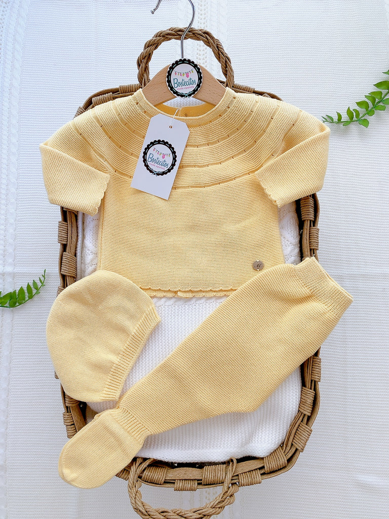Conjunto español tejido 3 piezas unisex amarillo (1 mes)