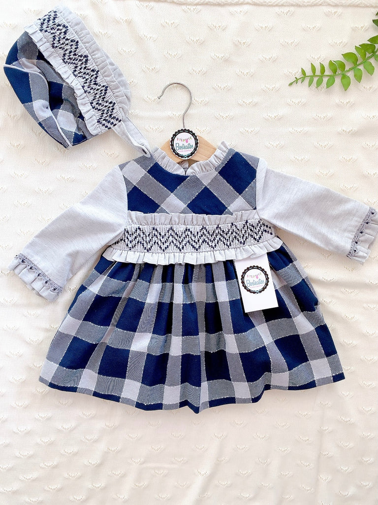 Vestido cuadros azules con gorro