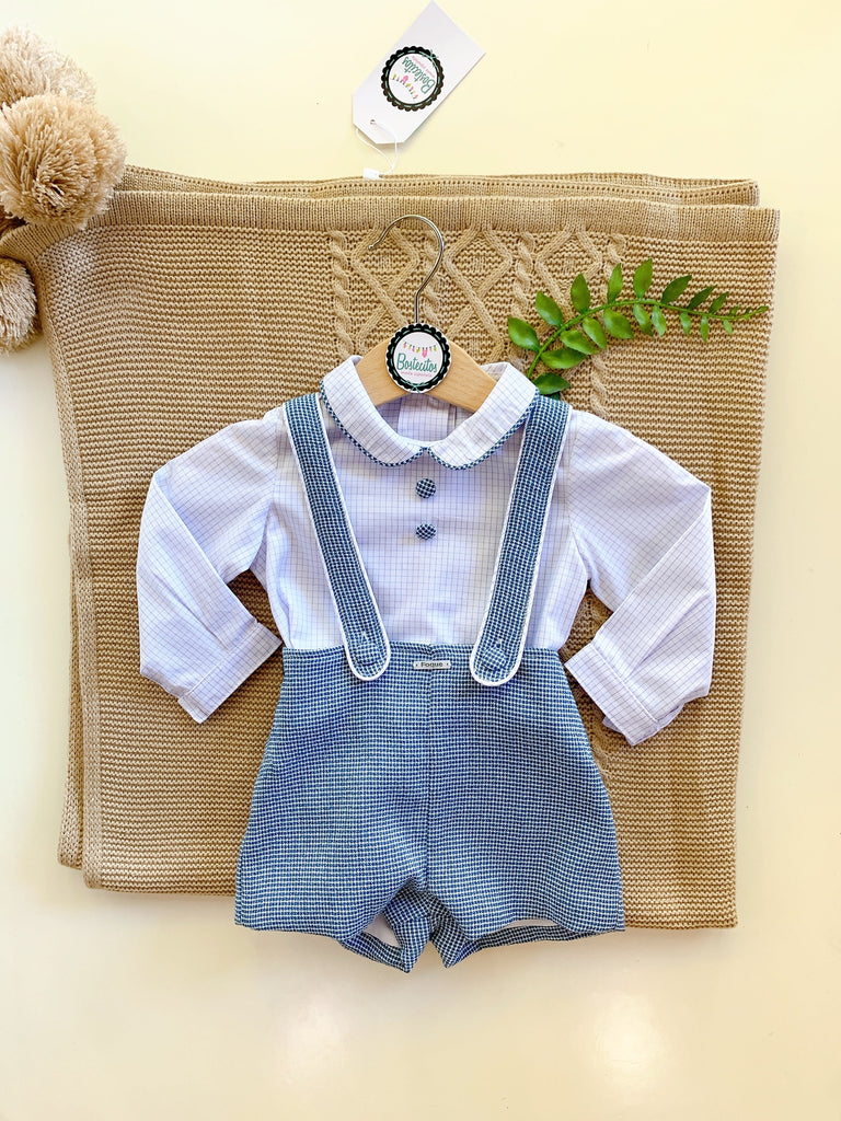 Conjunto short con tirantes cuadros azul claro con camisa dos botones