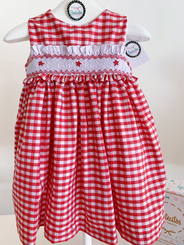 Vestido bordado cuadrados rojo con blanco