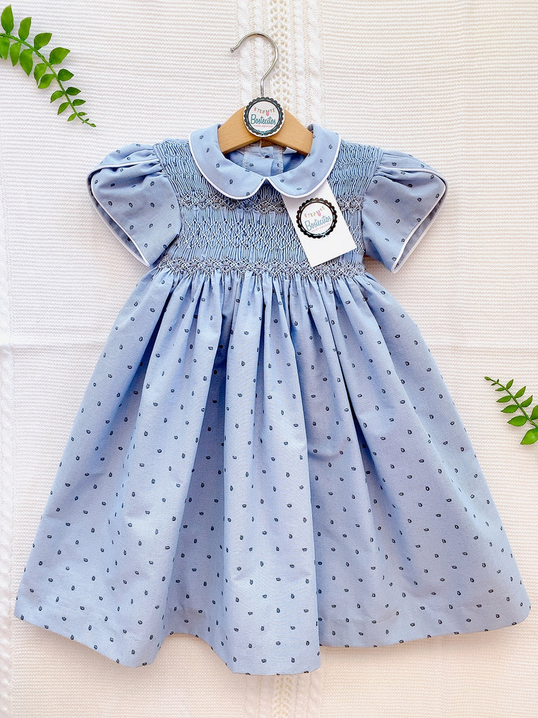 Vestido azul gris con bolitas bordado a mano