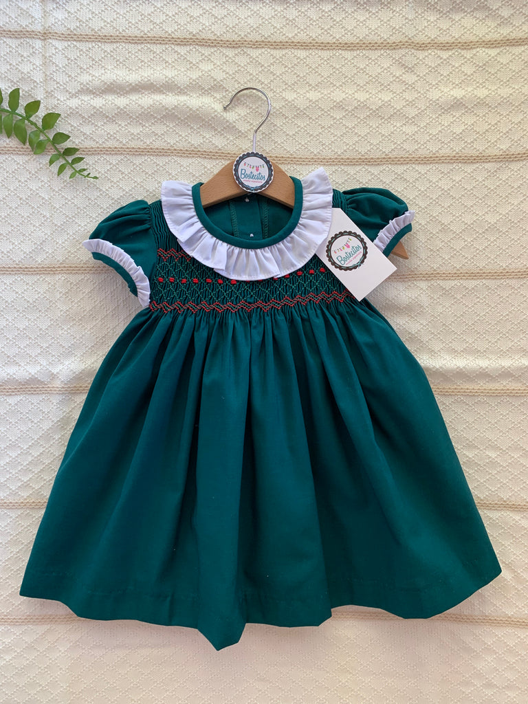 Vestido verde botella manga corta bordado a mano cuello blanco