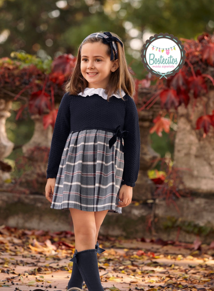 Vestido tejido azul marino con estampado cuadros azul marino con gris y moño terciopelo azul marino (48 meses)