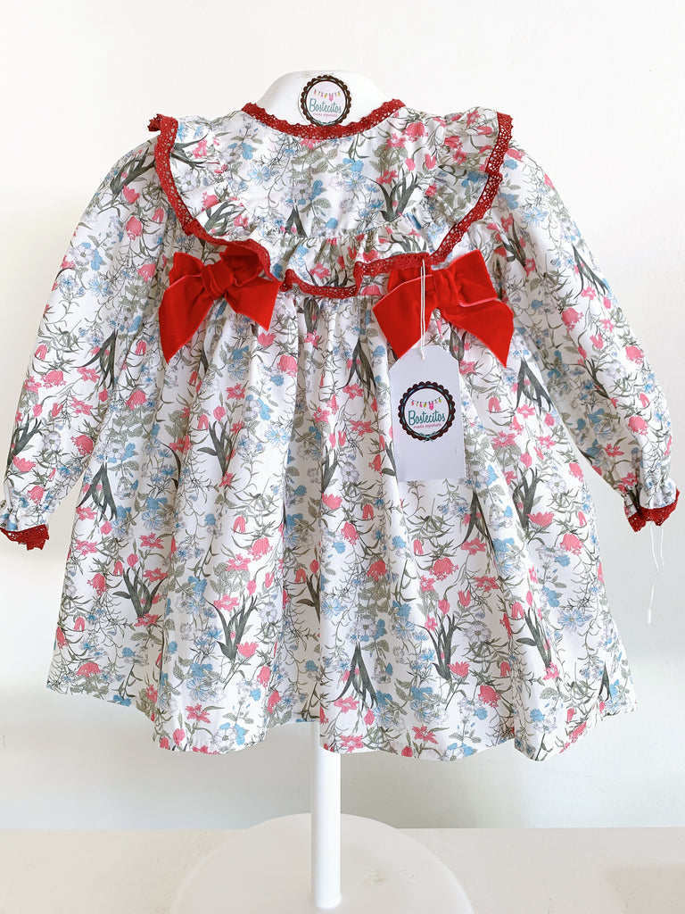 VESTIDO BLANCO FLORES MOÑO ROJO (4 años)