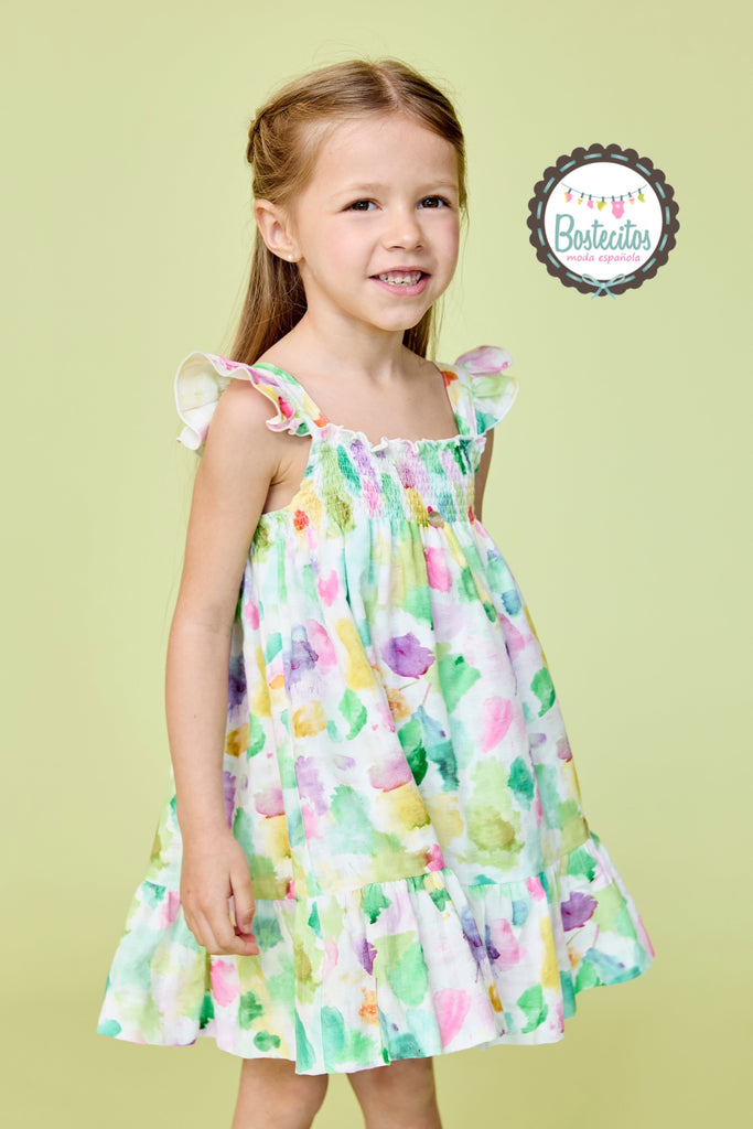 Vestido pintura de colores verde, lila, rosa