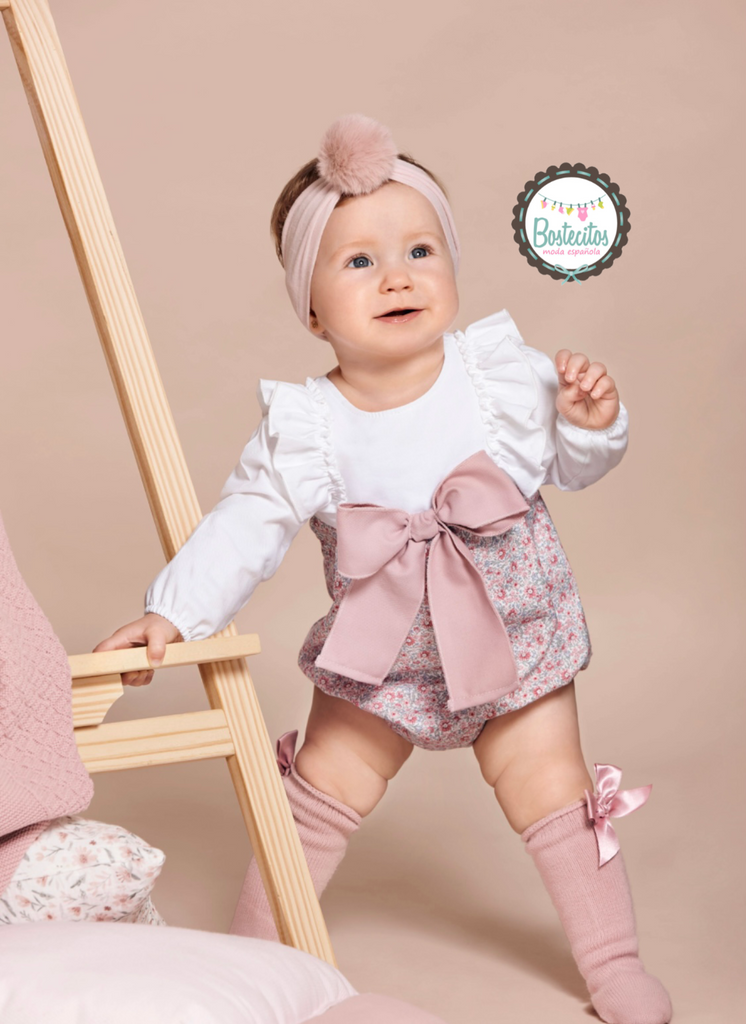 Ranita manga larga rosa con blanco con moño al frente (3 meses)