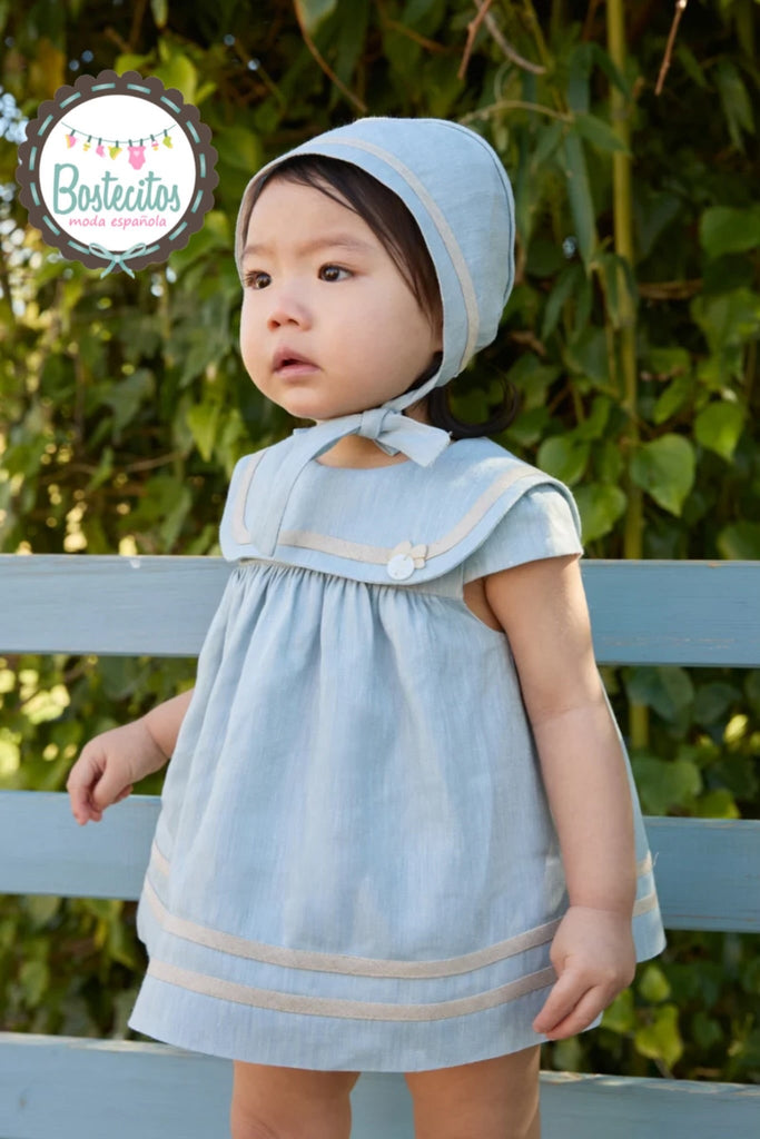 Conjunto 3 piezas Lino azul empolvado estilo marinero con gorrito