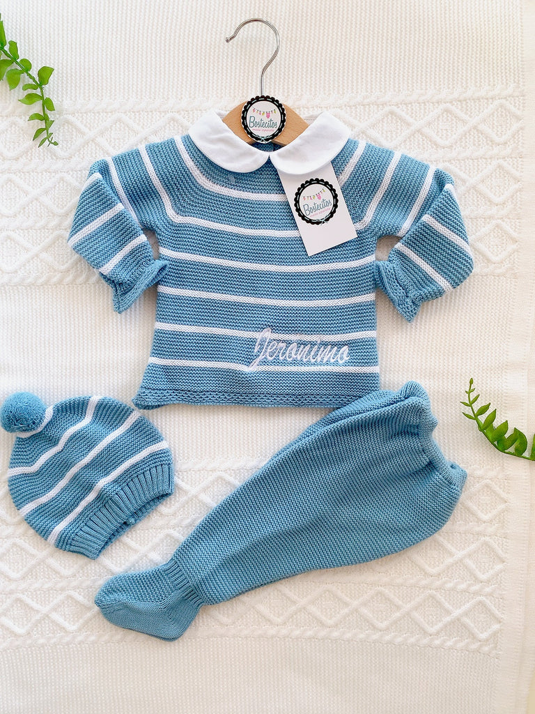 Conjunto tejido azul rayas blancas cuello blanco 3 piezas