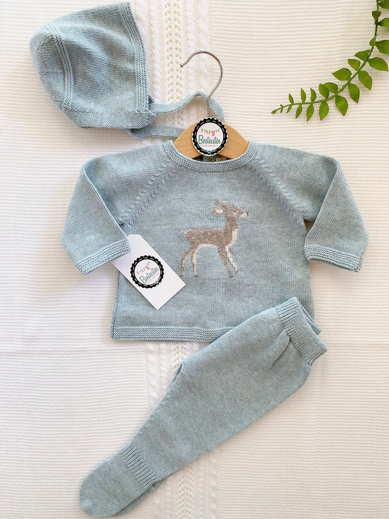 Tejido azul gris estampado venadito 3 piezas (3 meses)
