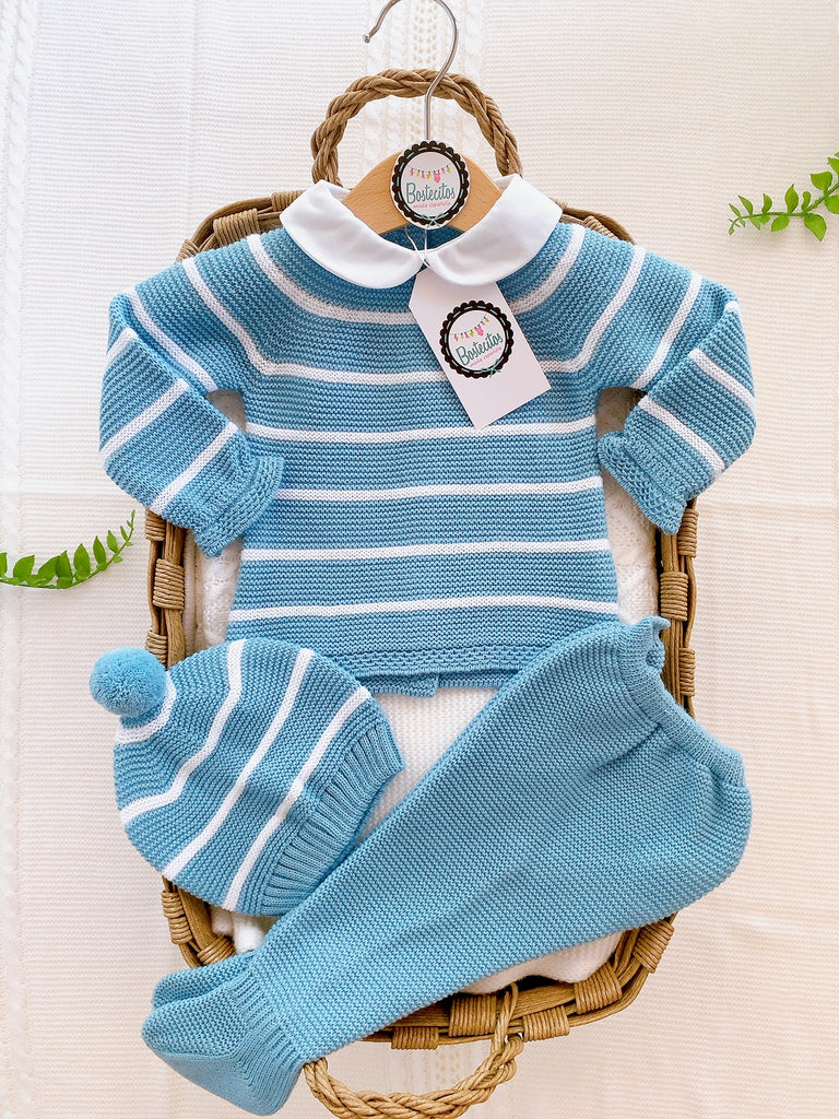 Conjunto tejido azul rayas blancas cuello blanco 3 piezas