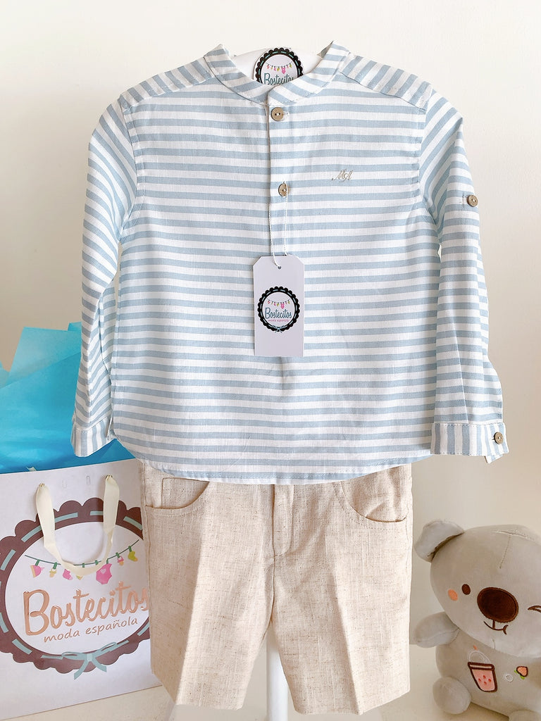 Conjunto short color caqui con camisa rayas azul verde