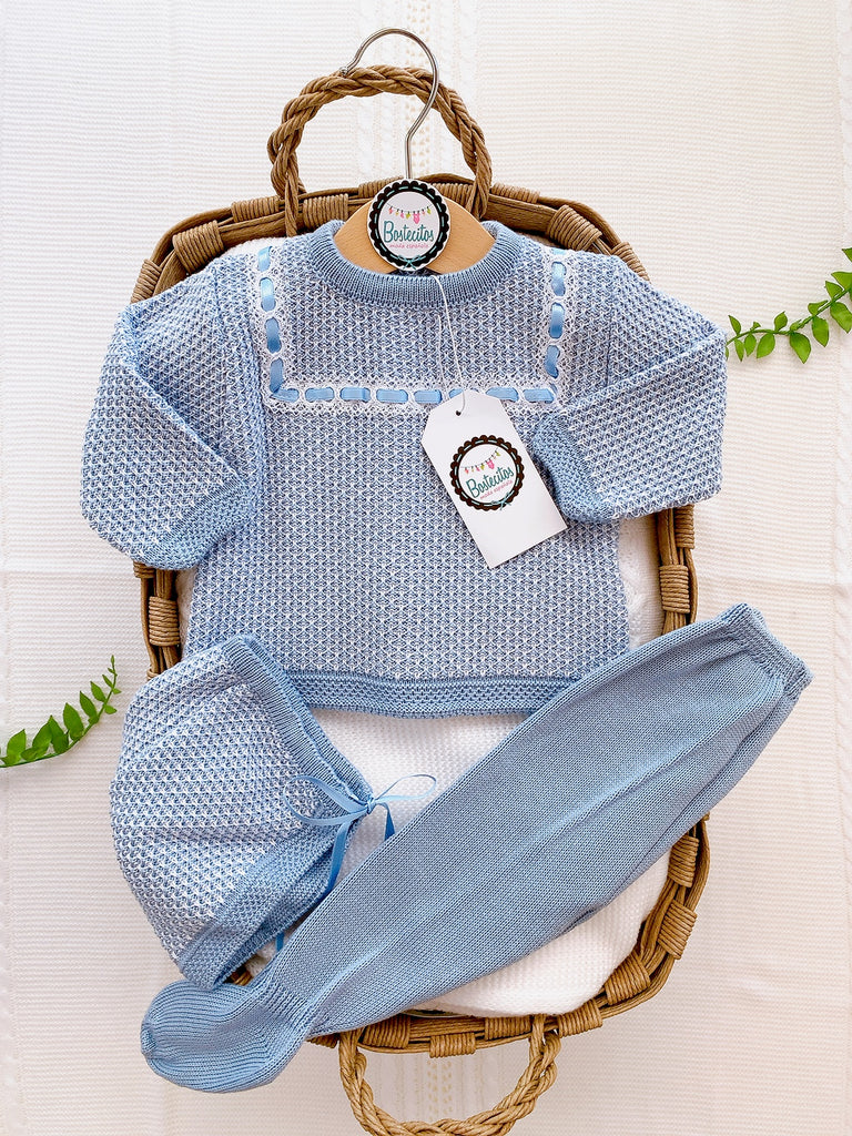 Conjunto 3 piezas tejido recogidas combinado cielo blanco (6 Meses)