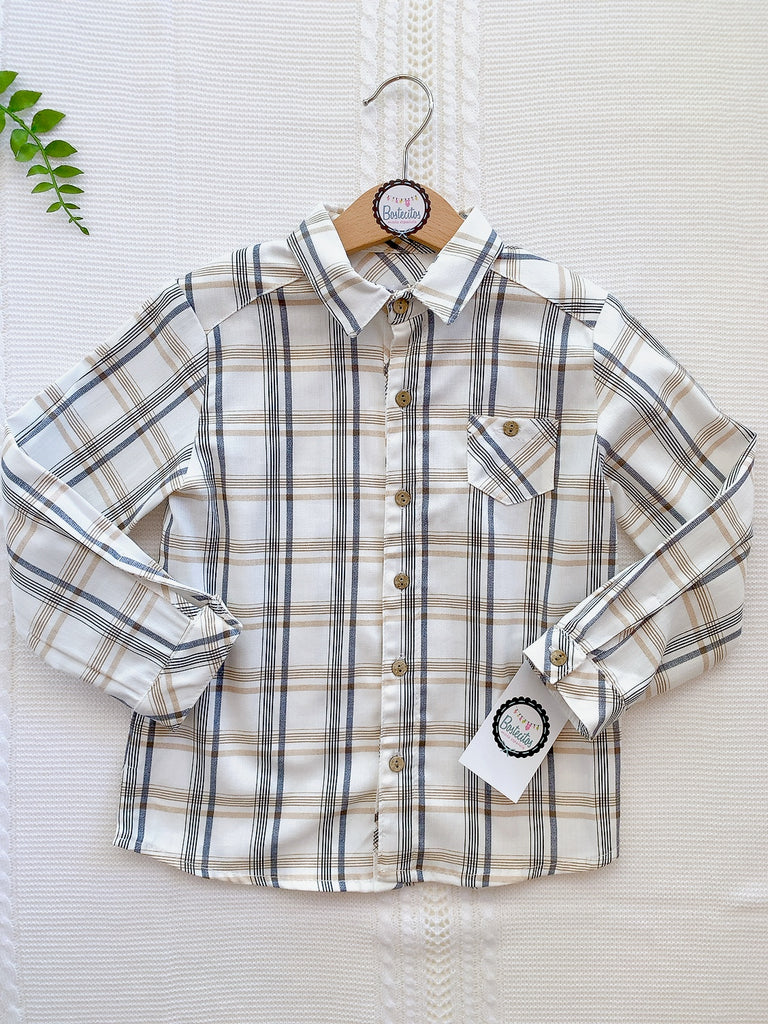 Camisa beige manga larga cuadros azules con café (10 años)