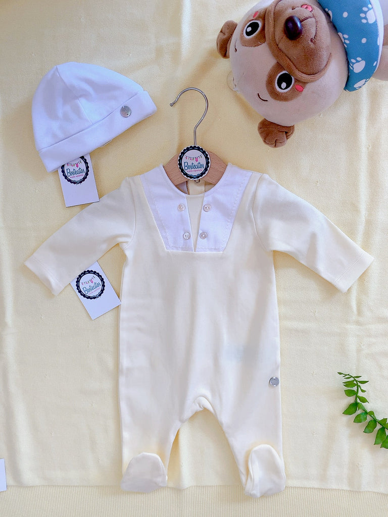 Conjunto mameluco amarillo de algodón con gorro blanco (0 meses)