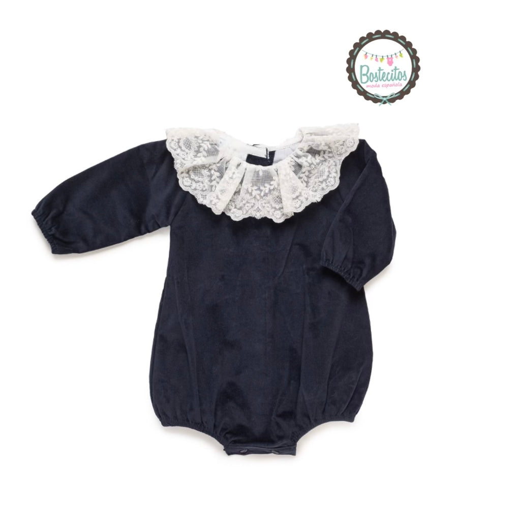 Ranita azul marino terciopelo cuello Olán blanco (6 meses)